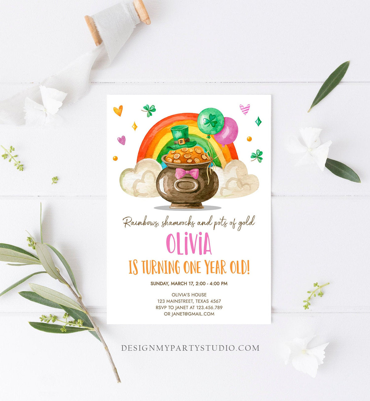 Editable Lucky One Birthday Invitation St. Patrick's Day First Birthday 1st Girl Pink Shamrock Clover Download Corjl Template Printable 0380
