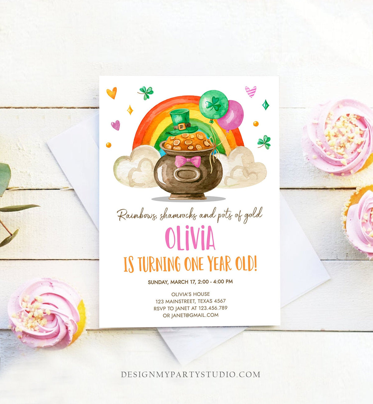 Editable Lucky One Birthday Invitation St. Patrick's Day First Birthday 1st Girl Pink Shamrock Clover Download Corjl Template Printable 0380