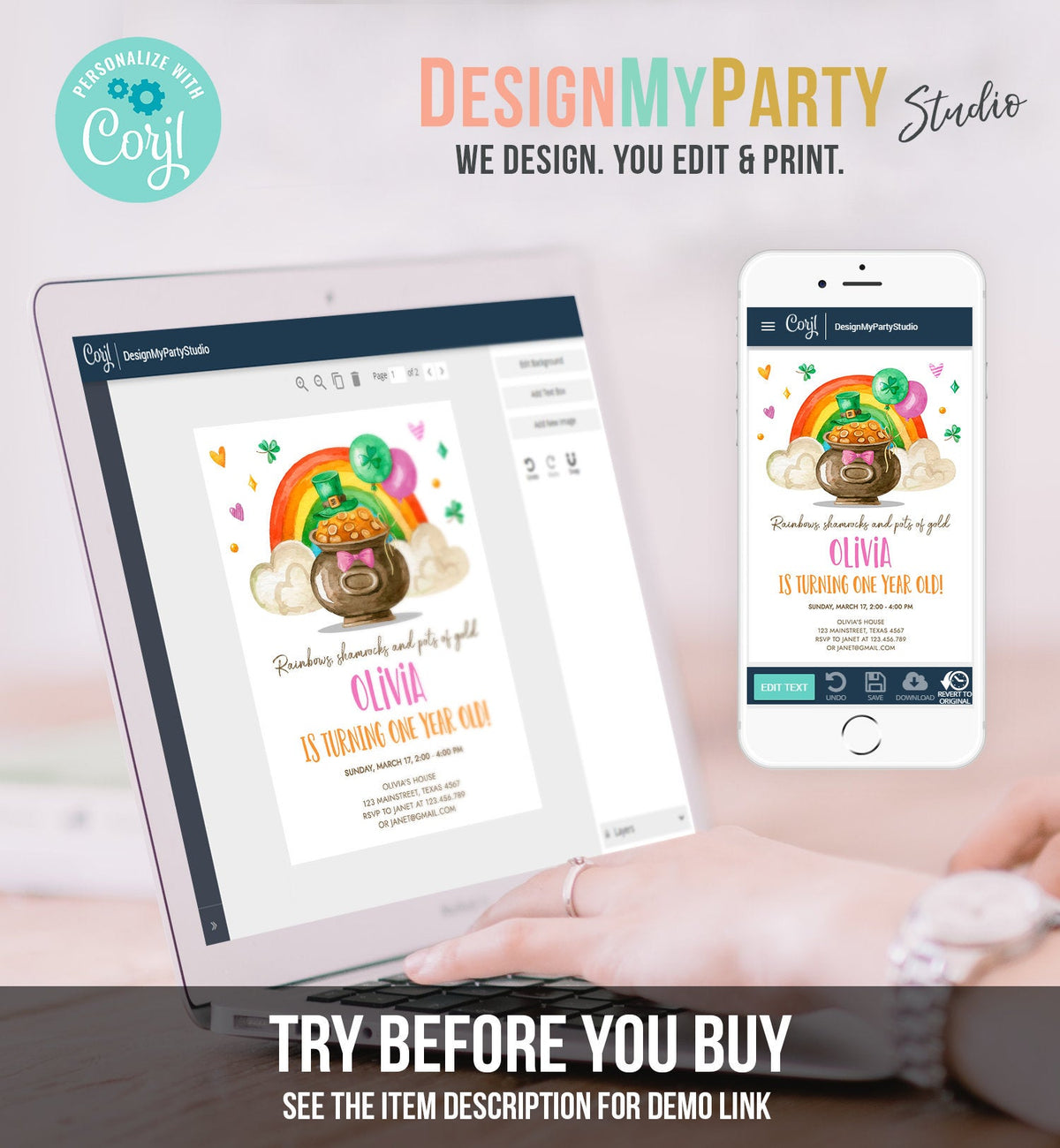 Editable Lucky One Birthday Invitation St. Patrick's Day First Birthday 1st Girl Pink Shamrock Clover Download Corjl Template Printable 0380