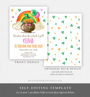 Editable Lucky One Birthday Invitation St. Patrick&#39;s Day First Birthday 1st Girl Pink Shamrock Clover Download Corjl Template Printable 0380