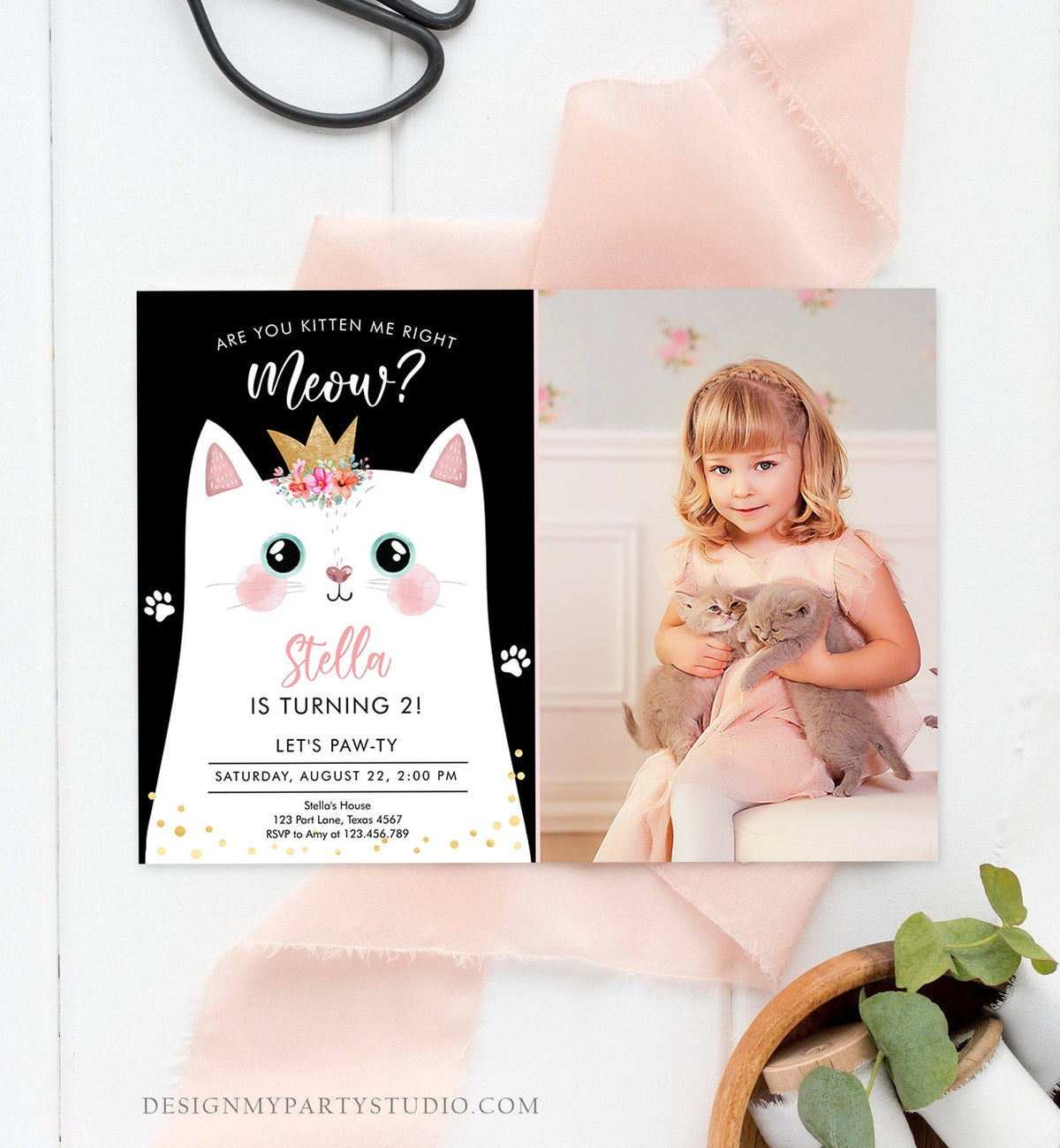 Editable Kitten Birthday Invitation Kitty Cat birthday Party Cat Invite Are You Kitten Me Black Girl Download Printable Digital Corjl 0381
