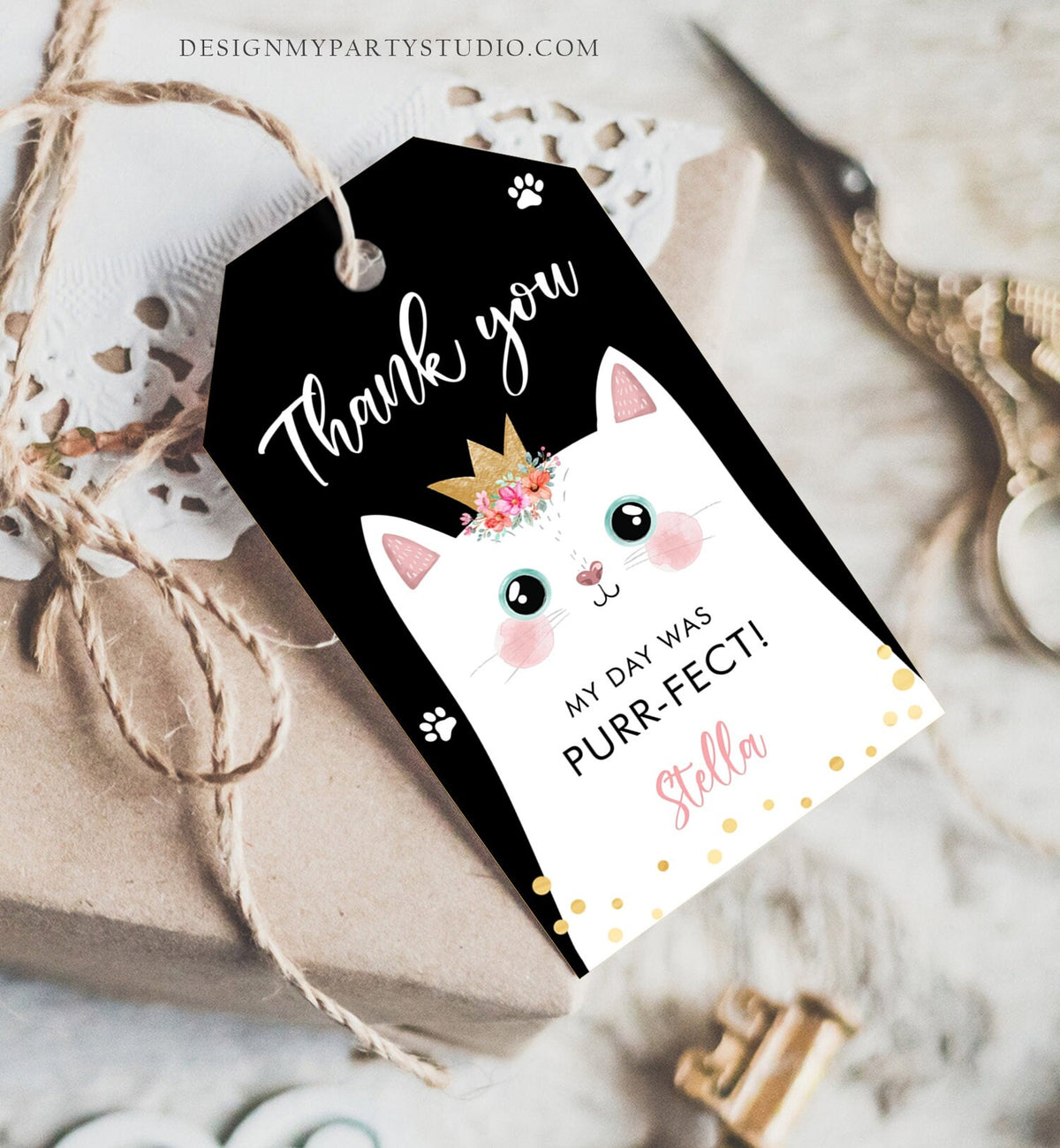 Editable Kitten Birthday Favor Tags Kitty Birthday Thank you Label Cat Party Gift tags Girl Black Purrfect Template Corjl PRINTABLE 0381