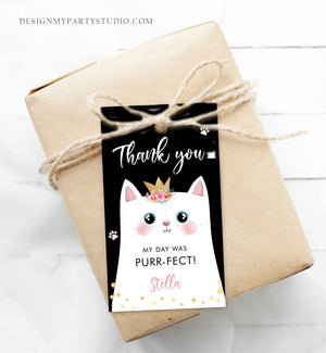 Editable Kitten Birthday Favor Tags Kitty Birthday Thank you Label Cat Party Gift tags Girl Black Purrfect Template Corjl PRINTABLE 0381
