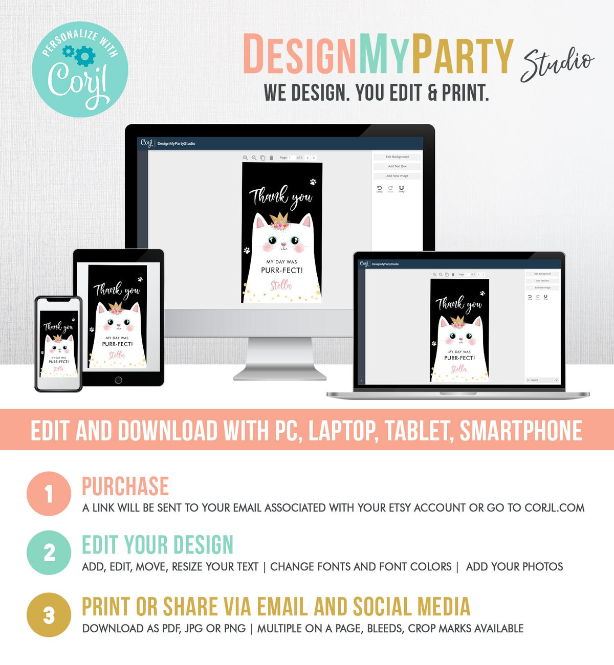 Editable Kitten Birthday Favor Tags Kitty Birthday Thank you Label Cat Party Gift tags Girl Black Purrfect Template Corjl PRINTABLE 0381