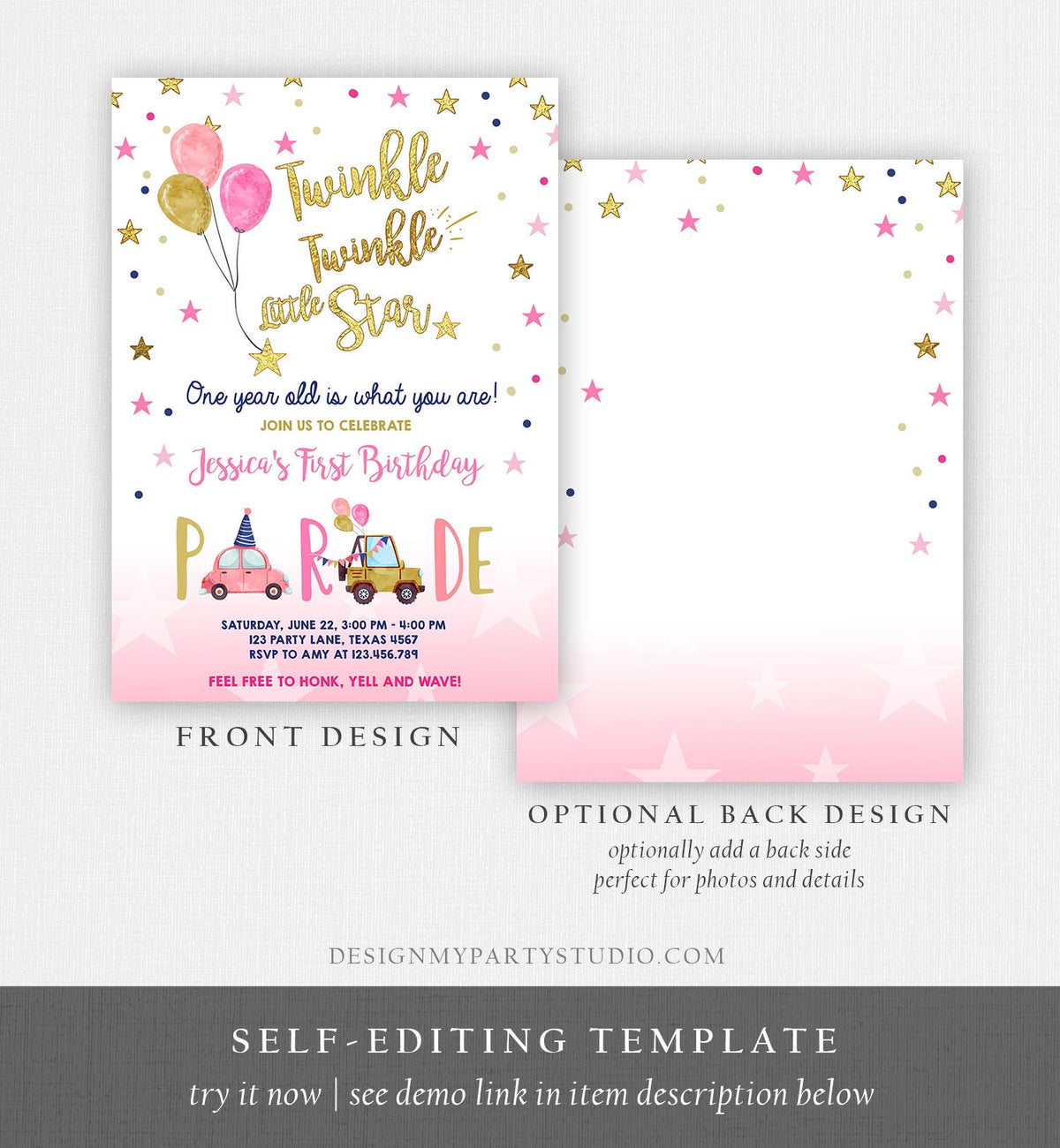 Editable Little Star Drive By Birthday Parade Invitation Virtual Party Invite Honk Wave Car Girl Pink Quarantine Download Digital Corjl 0235