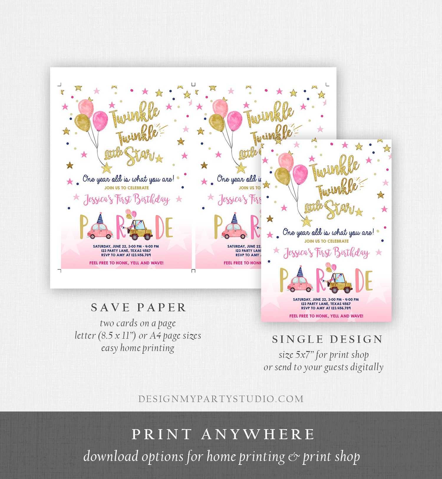 Editable Little Star Drive By Birthday Parade Invitation Virtual Party Invite Honk Wave Car Girl Pink Quarantine Download Digital Corjl 0235