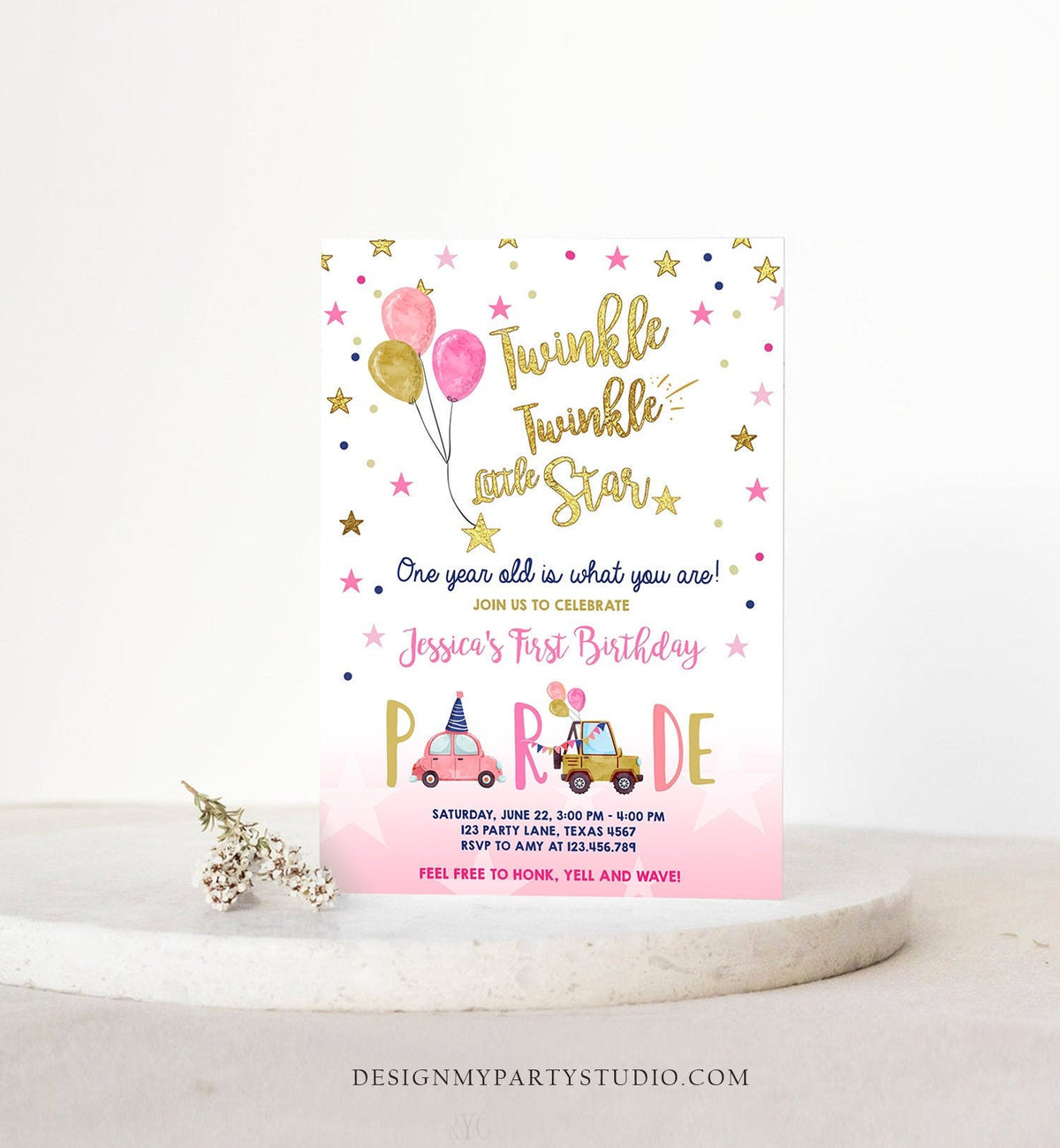 Editable Little Star Drive By Birthday Parade Invitation Virtual Party Invite Honk Wave Car Girl Pink Quarantine Download Digital Corjl 0235