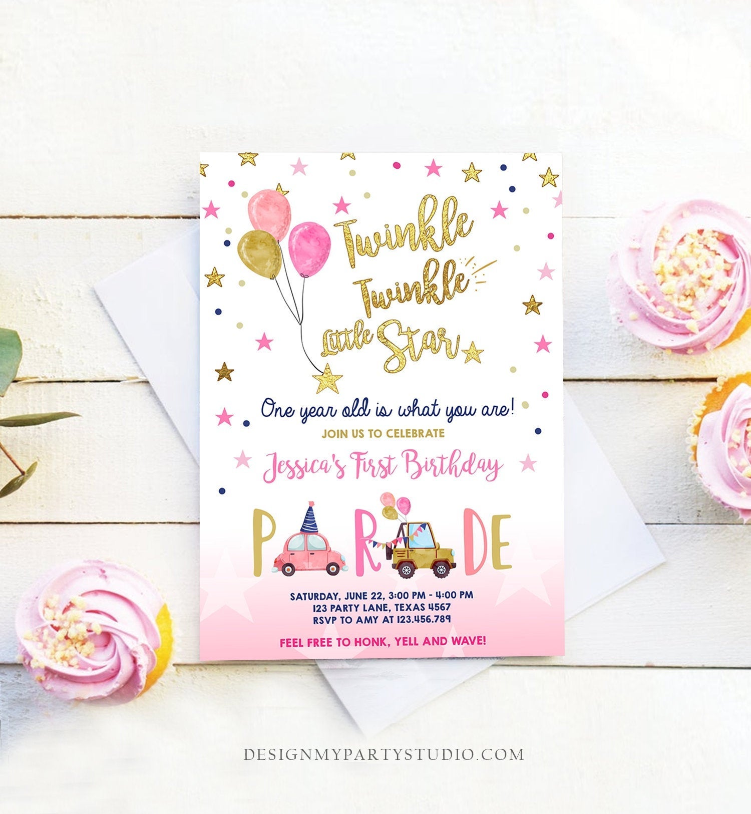 Editable Little Star Drive By Birthday Parade Invitation Virtual Party Invite Honk Wave Car Girl Pink Quarantine Download Digital Corjl 0235