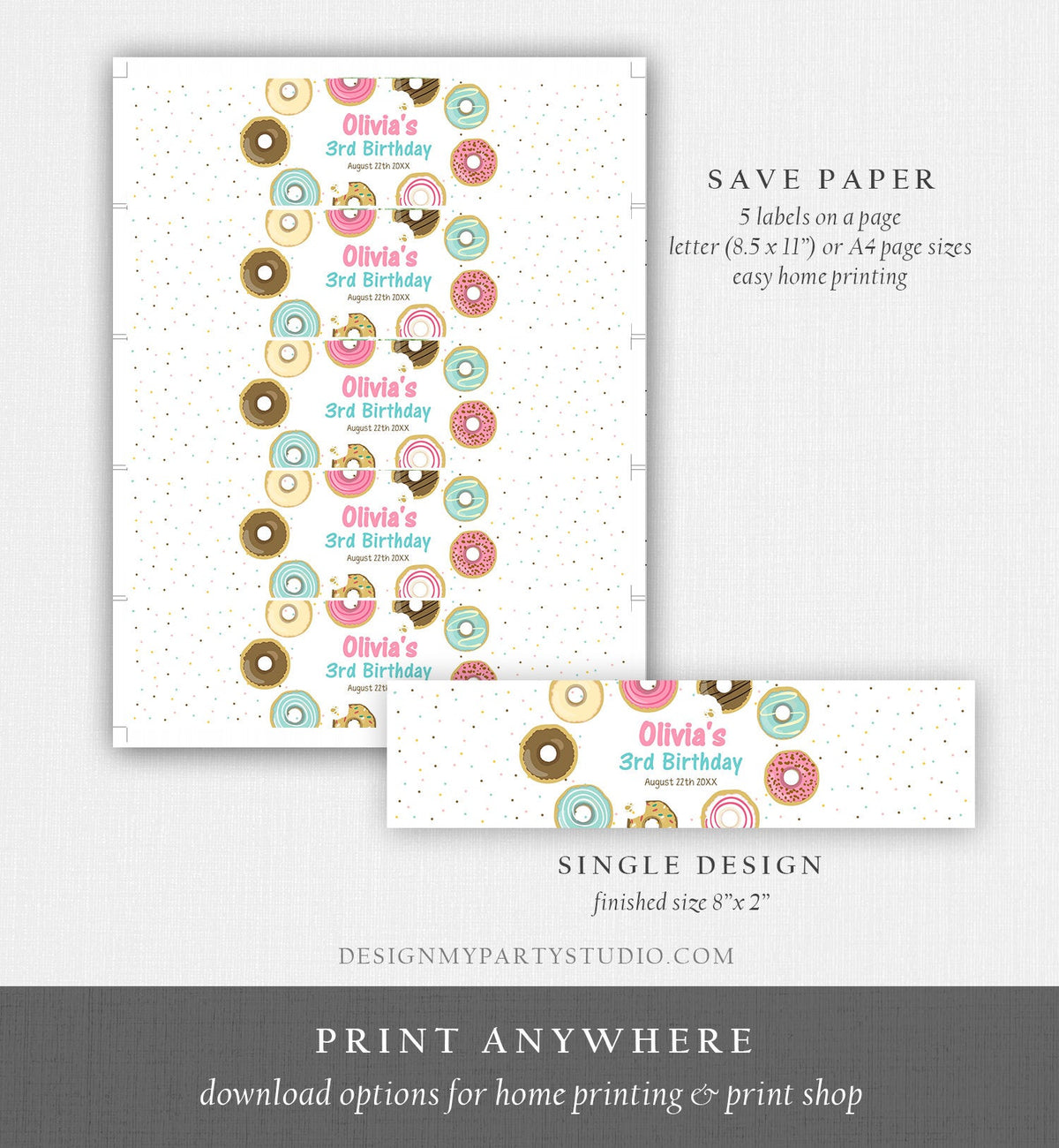 Editable Donut Water Bottle Label Sweet Doughnut Birthday Baby Shower Sprinkle Girl Pink Sprinkled With Love Printable Template Corjl 0011