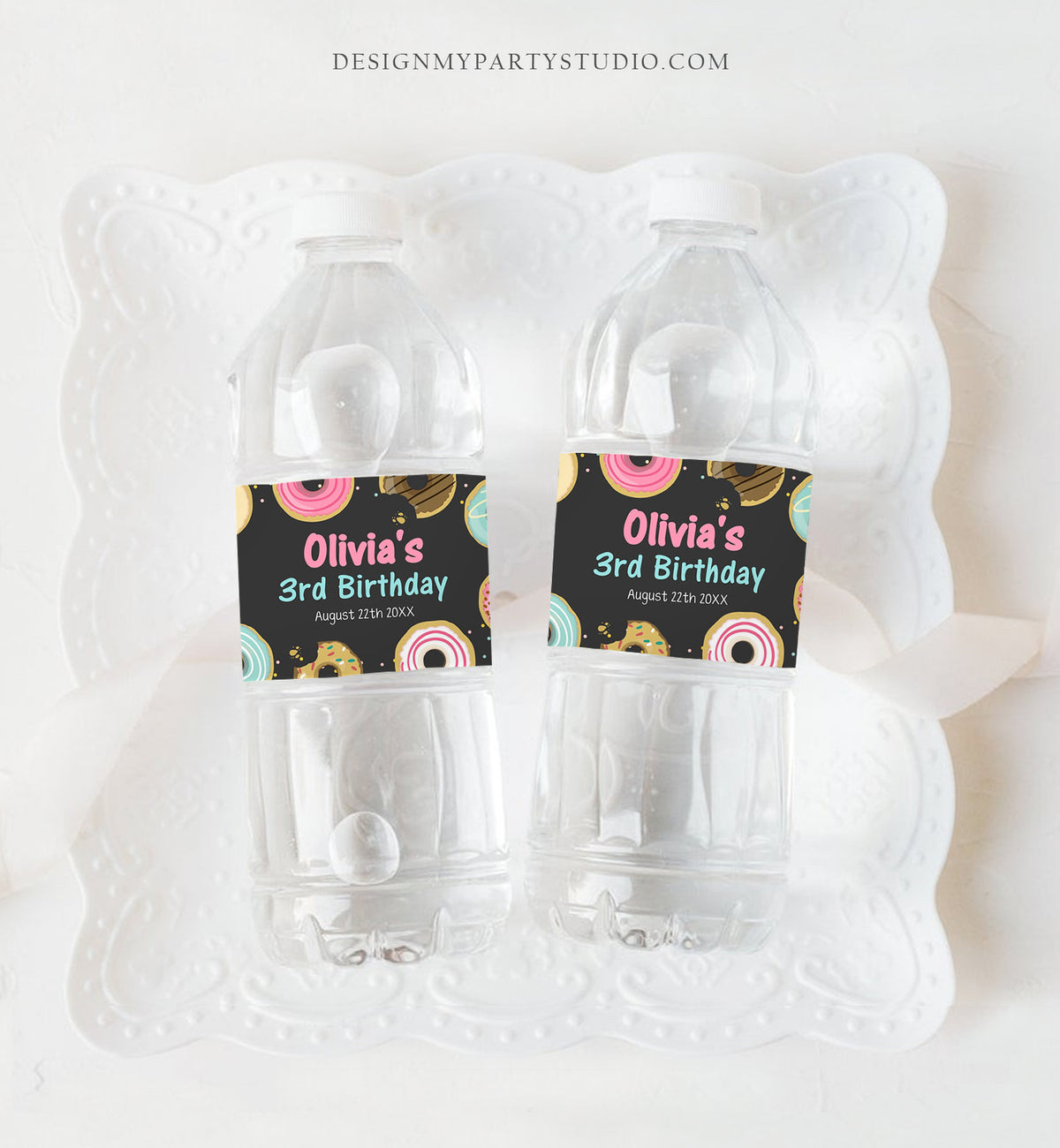 Editable Donut Water Bottle Label Sweet Doughnut Birthday Baby Shower Sprinkle Girl Pink Sprinkled With Love Printable Template Corjl 0011