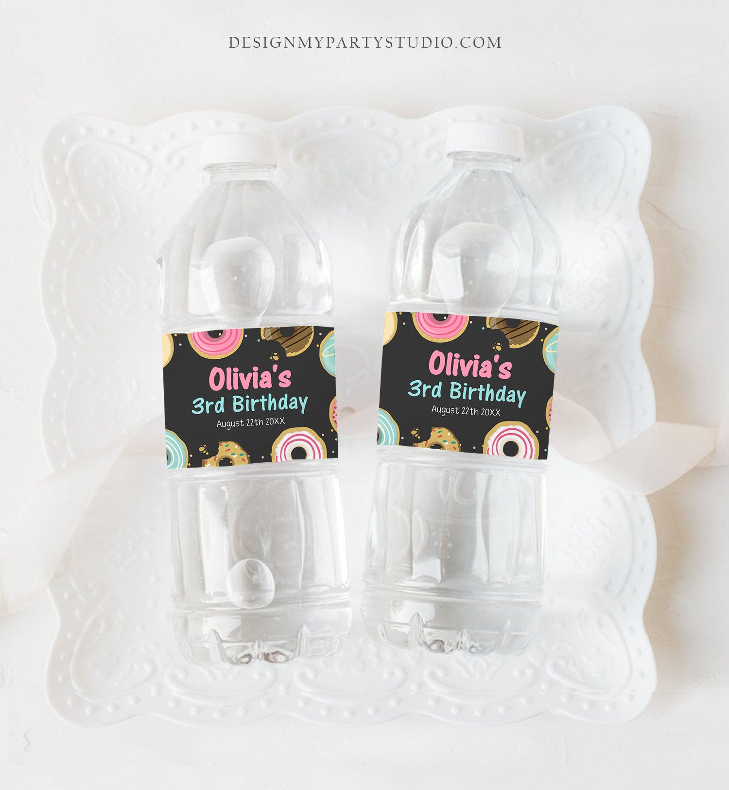 Editable Donut Water Bottle Label Sweet Doughnut Birthday Baby Shower Sprinkle Girl Pink Sprinkled With Love Printable Template Corjl 0011