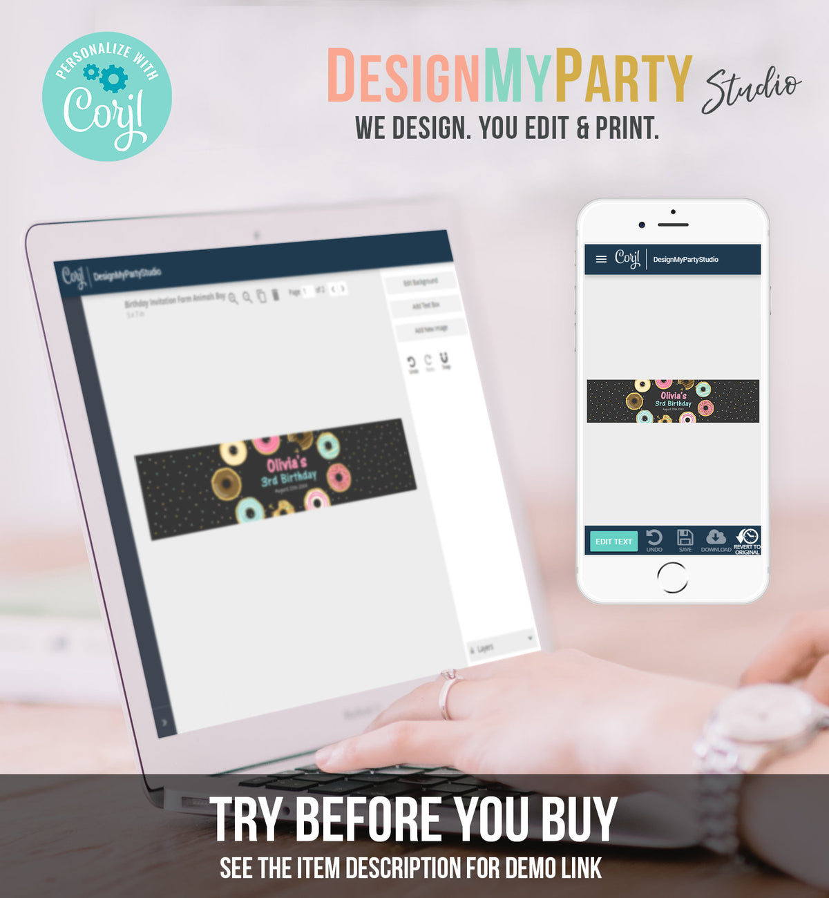 Editable Donut Water Bottle Label Sweet Doughnut Birthday Baby Shower Sprinkle Girl Pink Sprinkled With Love Printable Template Corjl 0011