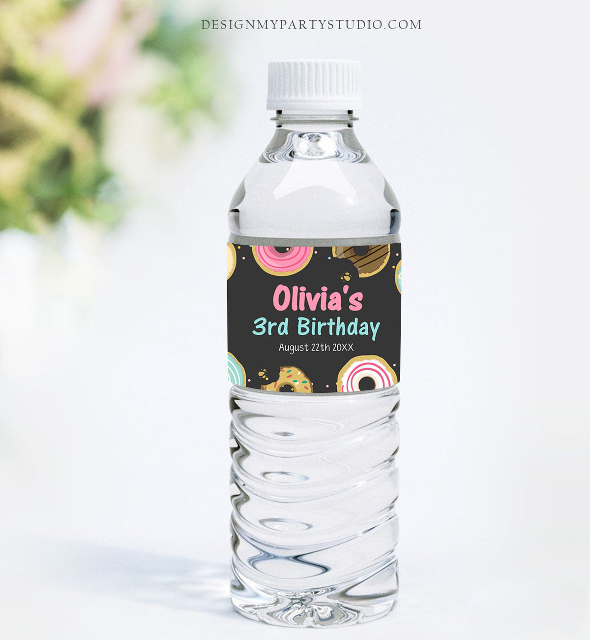 Editable Donut Water Bottle Label Sweet Doughnut Birthday Baby Shower Sprinkle Girl Pink Sprinkled With Love Printable Template Corjl 0011
