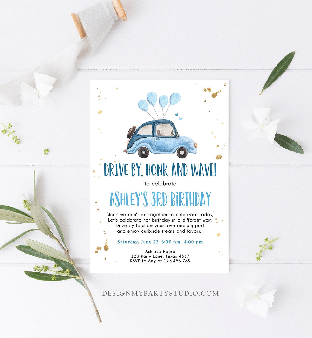 Editable Drive By Birthday Parade Invitation Virtual Party Invite Honk Wave Car Girl Blue Quarantine Through Download Digital Corjl 0335
