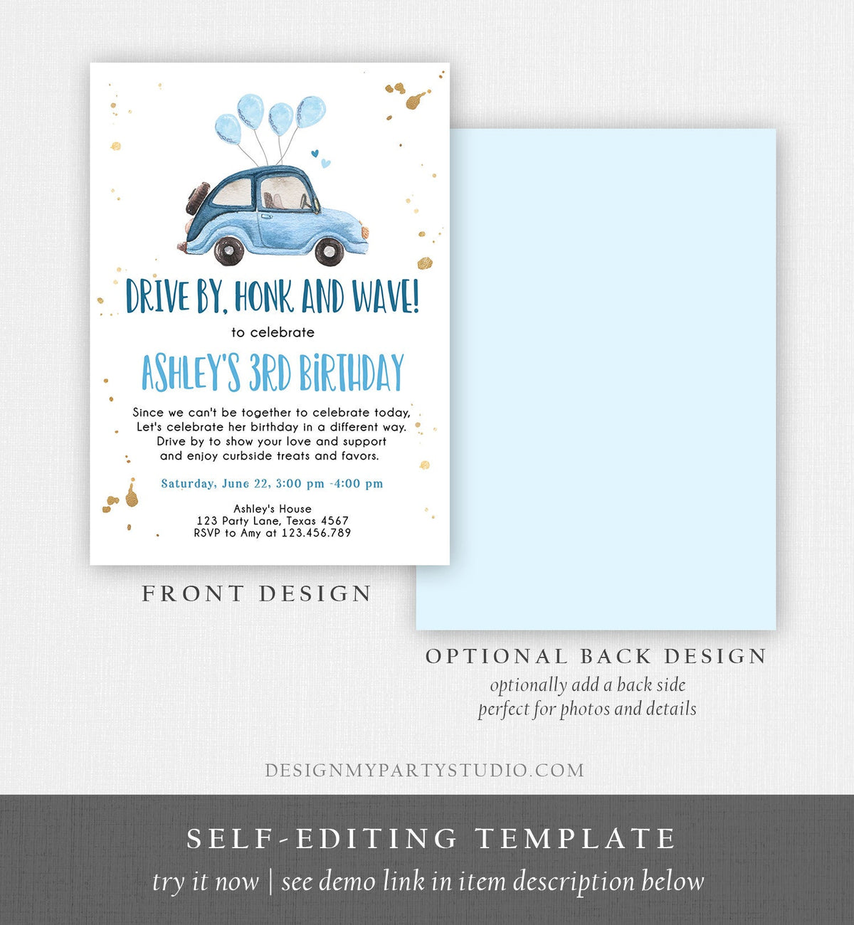 Editable Drive By Birthday Parade Invitation Virtual Party Invite Honk Wave Car Girl Blue Quarantine Through Download Digital Corjl 0335