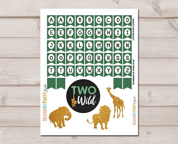 Two Wild Cake Topper Safari Animals Party Animals Second Birthday 2nd Name Banner Boy Green Gold Jungle Zoo Party Download Printable 0016