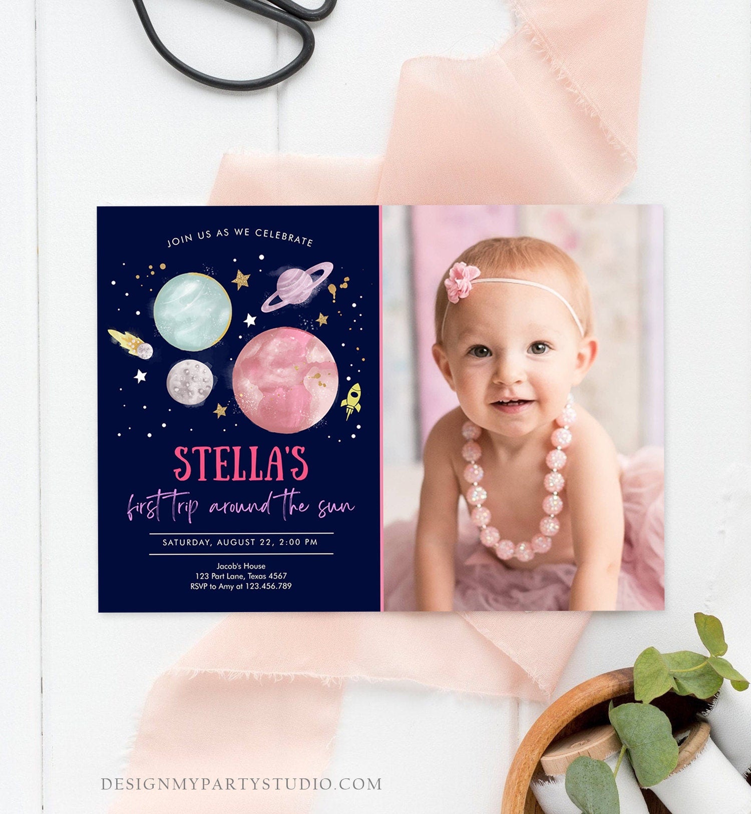 Editable Outer Space Girl First Birthday Invitation Galaxy Blast Off First Trip Around the Sun Pink Download Printable Template Corjl 0357