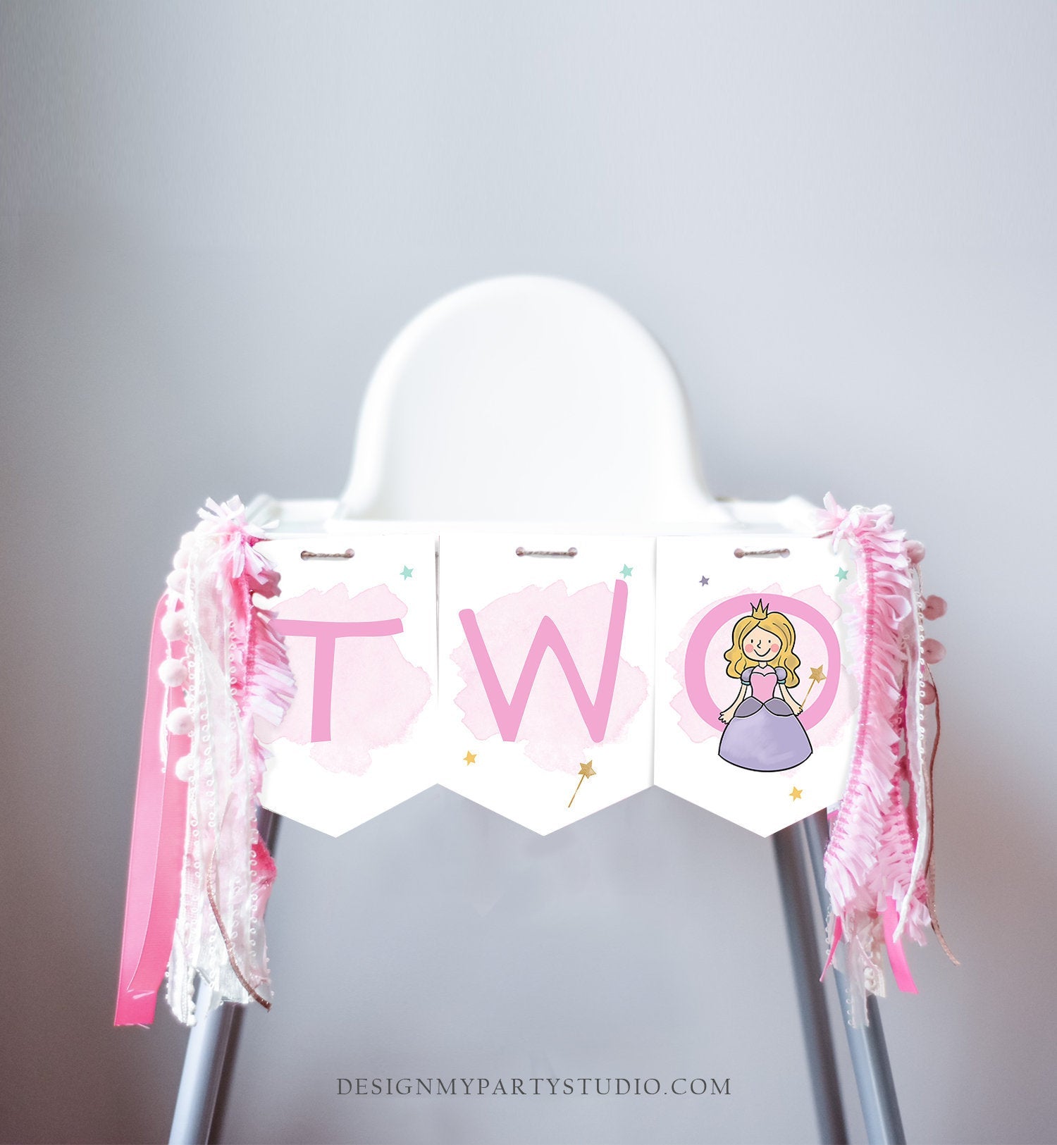 Princess High Chair Banner 2nd Birthday Royal Girl Second Birthday Princess and Knights Fairytale TWO Party Decor PRINTABLE Digital 0385