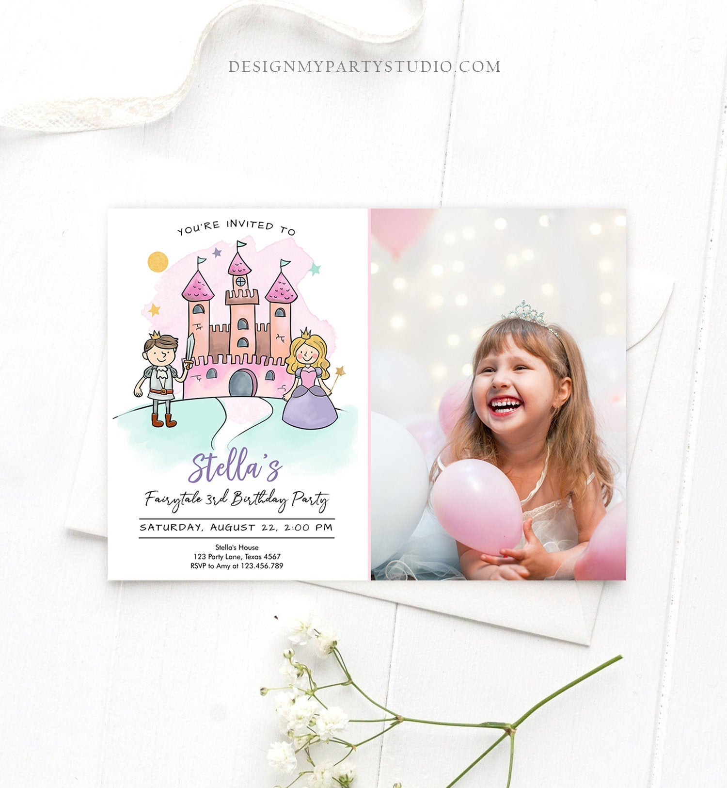 Editable Princess Birthday Invitation Girl Fairytale Birthday Party Knights Prince Castle Download Printable Template Digital Corjl 0385