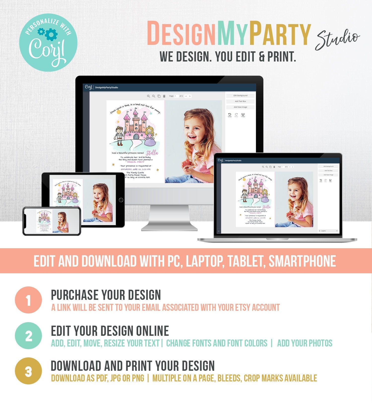 Editable Princess Birthday Invitation Girl Fairytale Birthday Party Once Upon a Time Royal Download Printable Template Digital Corjl 0385