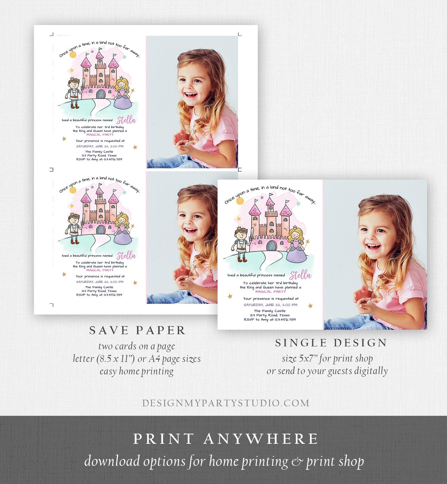 Editable Princess Birthday Invitation Girl Fairytale Birthday Party Once Upon a Time Royal Download Printable Template Digital Corjl 0385
