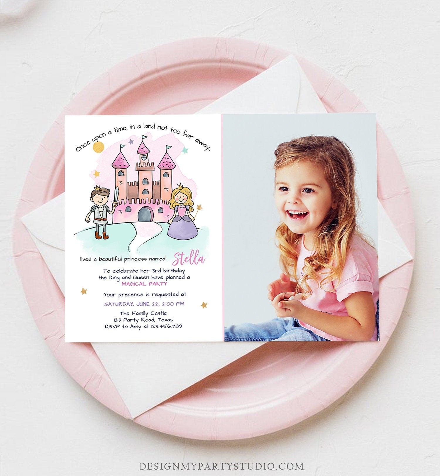 Editable Princess Birthday Invitation Girl Fairytale Birthday Party Once Upon a Time Royal Download Printable Template Digital Corjl 0385