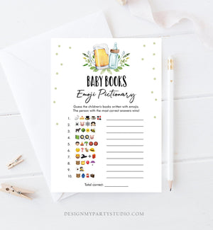 Editable Emoji Pictionary Baby Shower Game Baby Books Greenery Baby is Brewing Shower Activity Beer Bottle Corjl Template Printable 0190