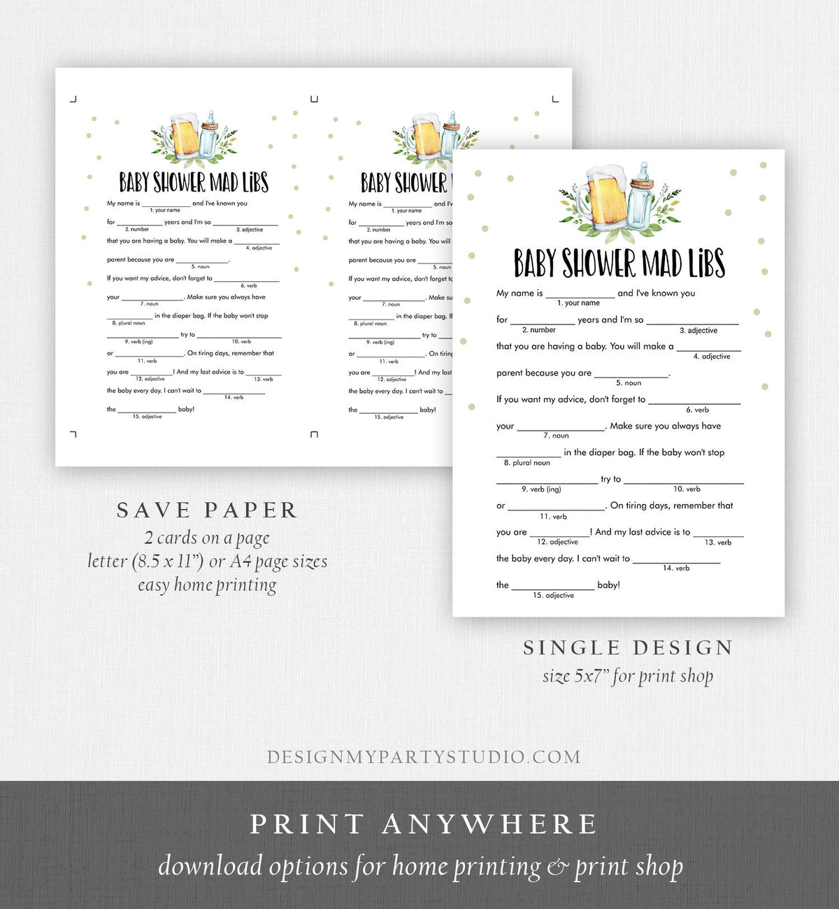 Editable Mad Libs Baby Shower Game Greenery Advice Mom to Be Baby is Brewing Shower Activity Beer Bottle Corjl Template Printable 0190