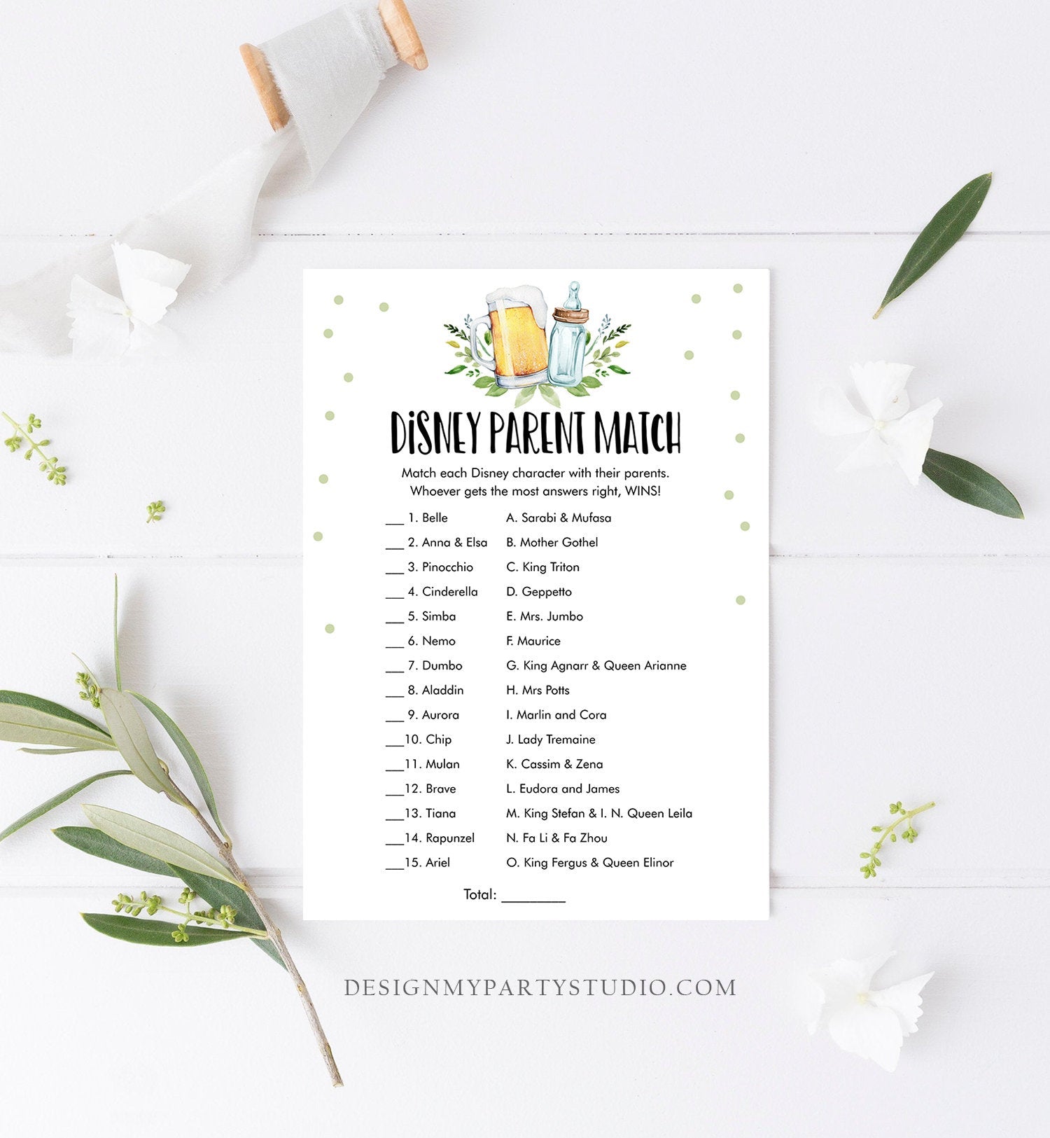 Editable Disney Parent Match Baby Shower Game Parents Names Game Greenery Baby is Brewing Shower Activity Beer Corjl Template Printable 0190