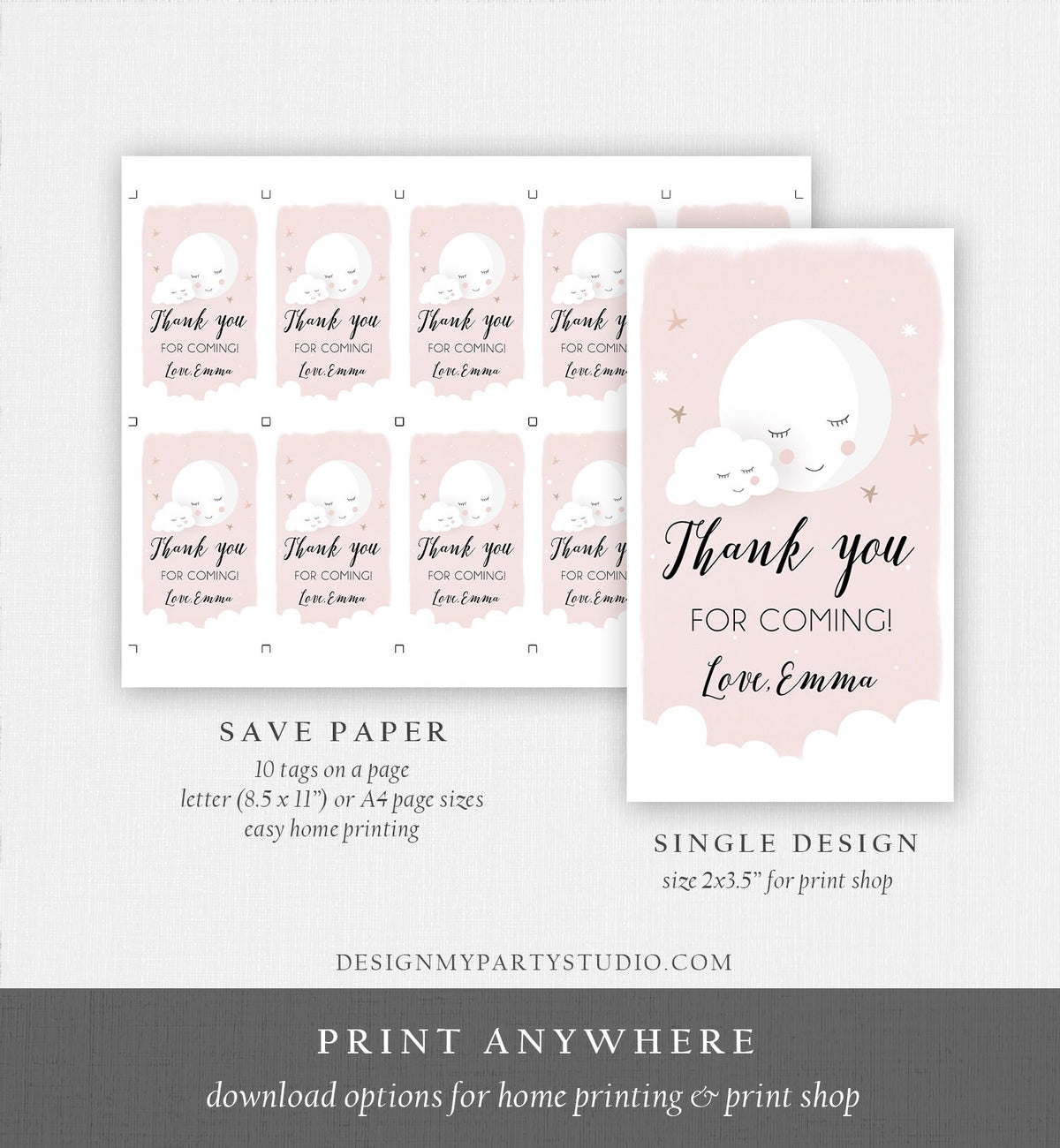Editable Moon Thank You Favor Tag Baby Shower Gift Love You to the Moon Twinkle Star Baby Girl Pink Sprinkle Corjl Template Printable 0113