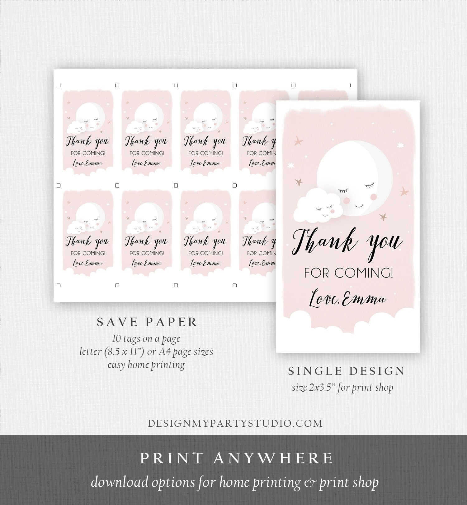 Editable Moon Thank You Favor Tag Baby Shower Gift Love You to the Moon Twinkle Star Baby Girl Pink Sprinkle Corjl Template Printable 0113