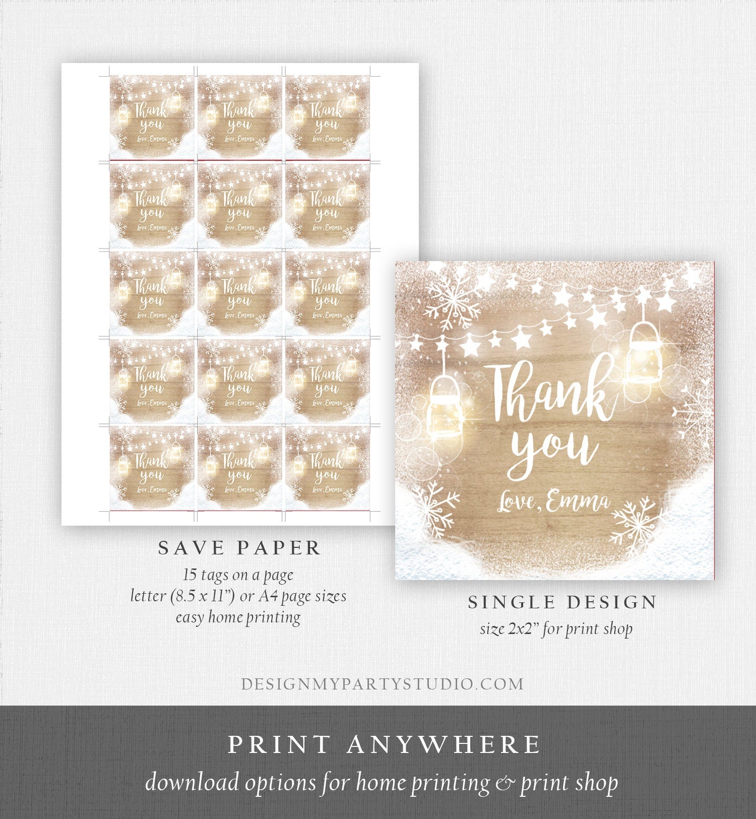 Editable Winter Thank You Favor Tag Baby Shower Birthday Rustic Wood Snowflakes Snow Winter Onederland Digital Corjl Template Printable 0031