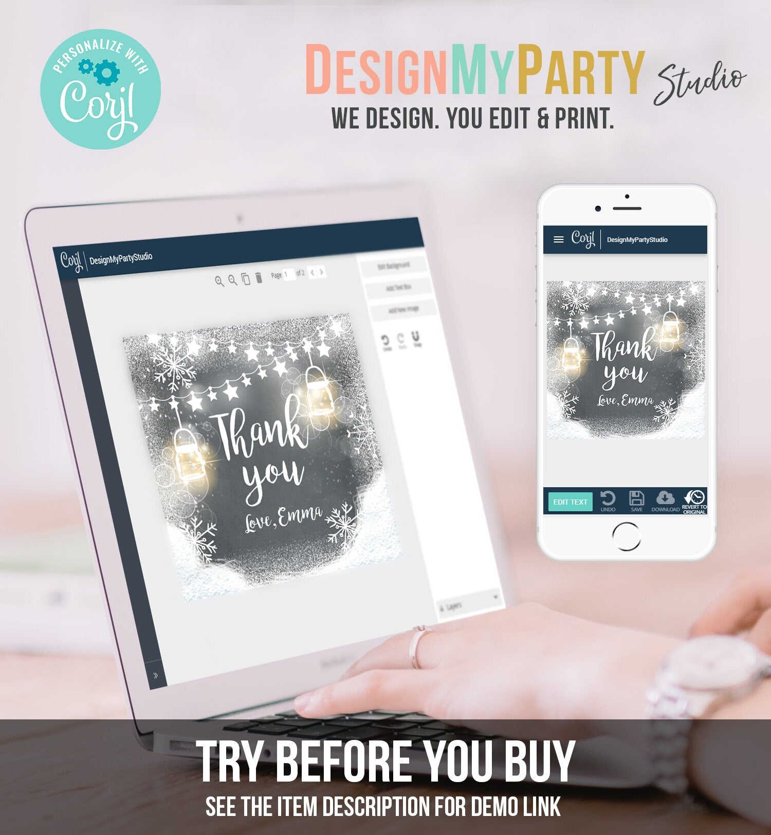 Editable Winter Thank You Favor Tag Baby Shower Birthday Rustic Wood Snowflakes Snow Winter Onederland Digital Corjl Template Printable 0031
