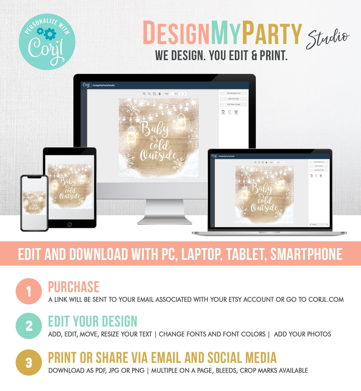 Editable Baby It&#39;s Cold Outside Thank You Favor Tag Baby Shower Rustic Wood Snowflakes Snow Winter Digital Corjl Template Printable 0031