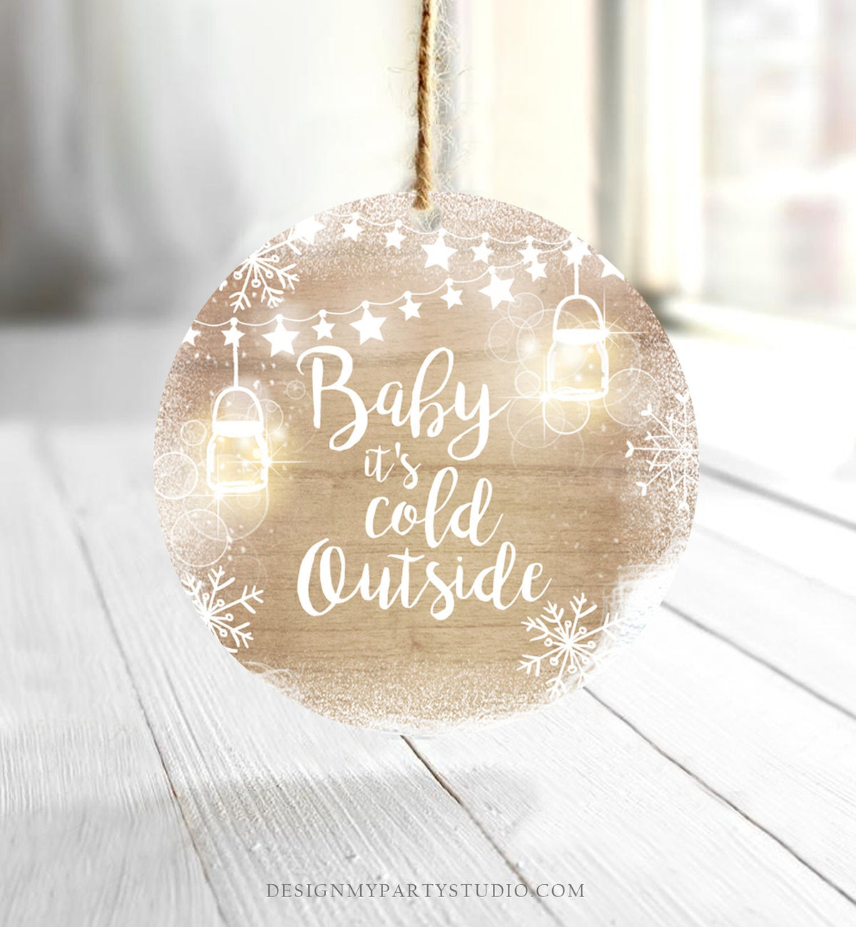 Editable Baby It&#39;s Cold Outside Thank You Favor Tag Baby Shower Rustic Wood Snowflakes Snow Winter Digital Corjl Template Printable 0031