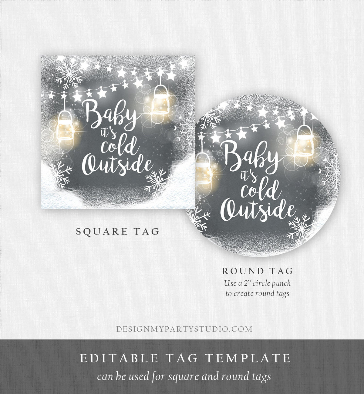 Editable Baby It&#39;s Cold Outside Thank You Favor Tag Baby Shower Rustic Wood Snowflakes Snow Winter Digital Corjl Template Printable 0031