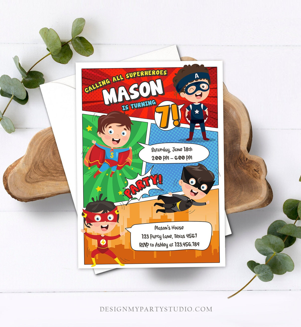 Editable Superheroes Birthday Invitation Comic Book Action Superhero Super Boy Party DC Digital Download Corjl Template Printable 0383
