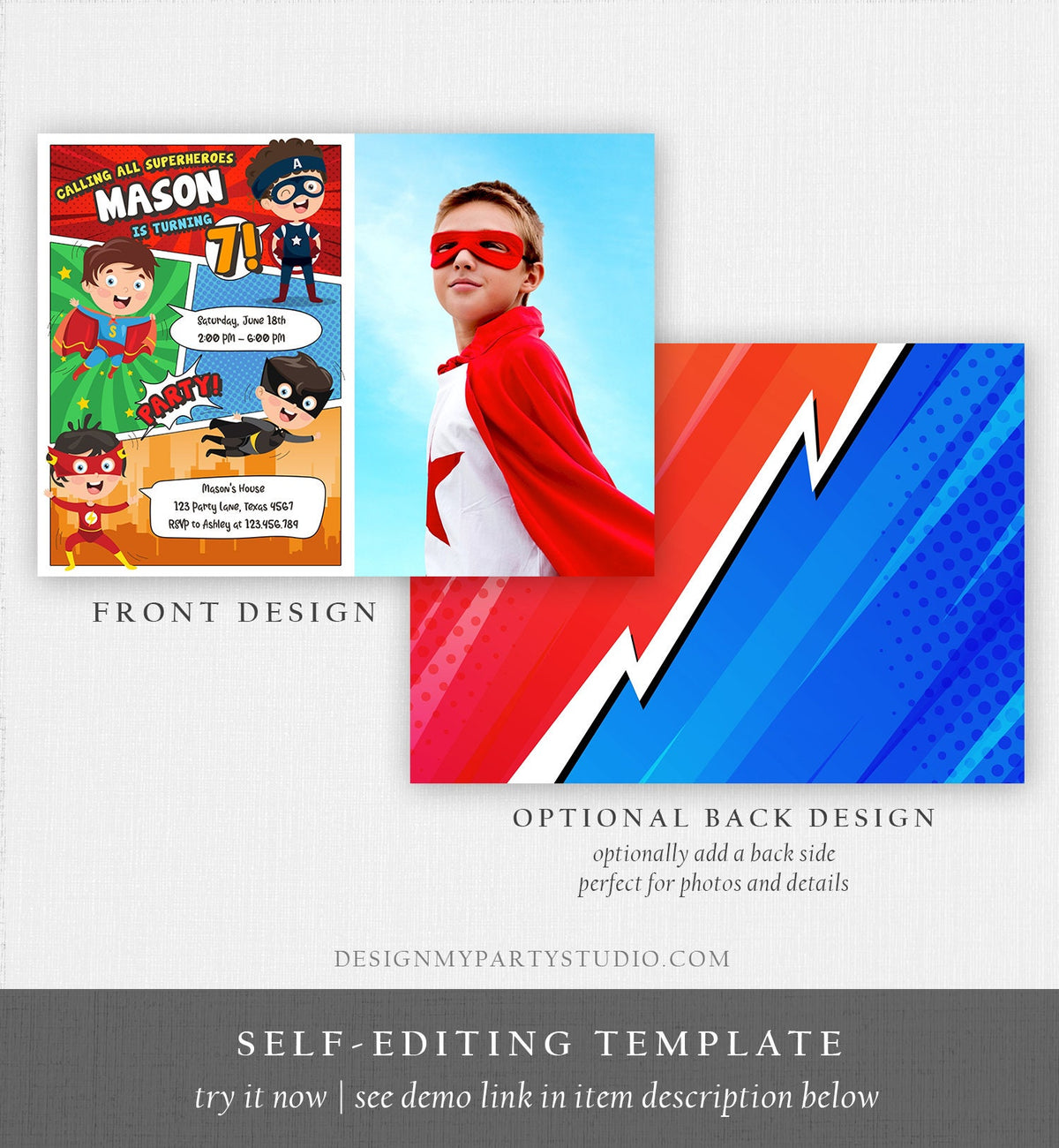 Editable Superheroes Birthday Invitation Comic Book Action Superhero Super Boy Party DC Digital Download Corjl Template Printable 0383