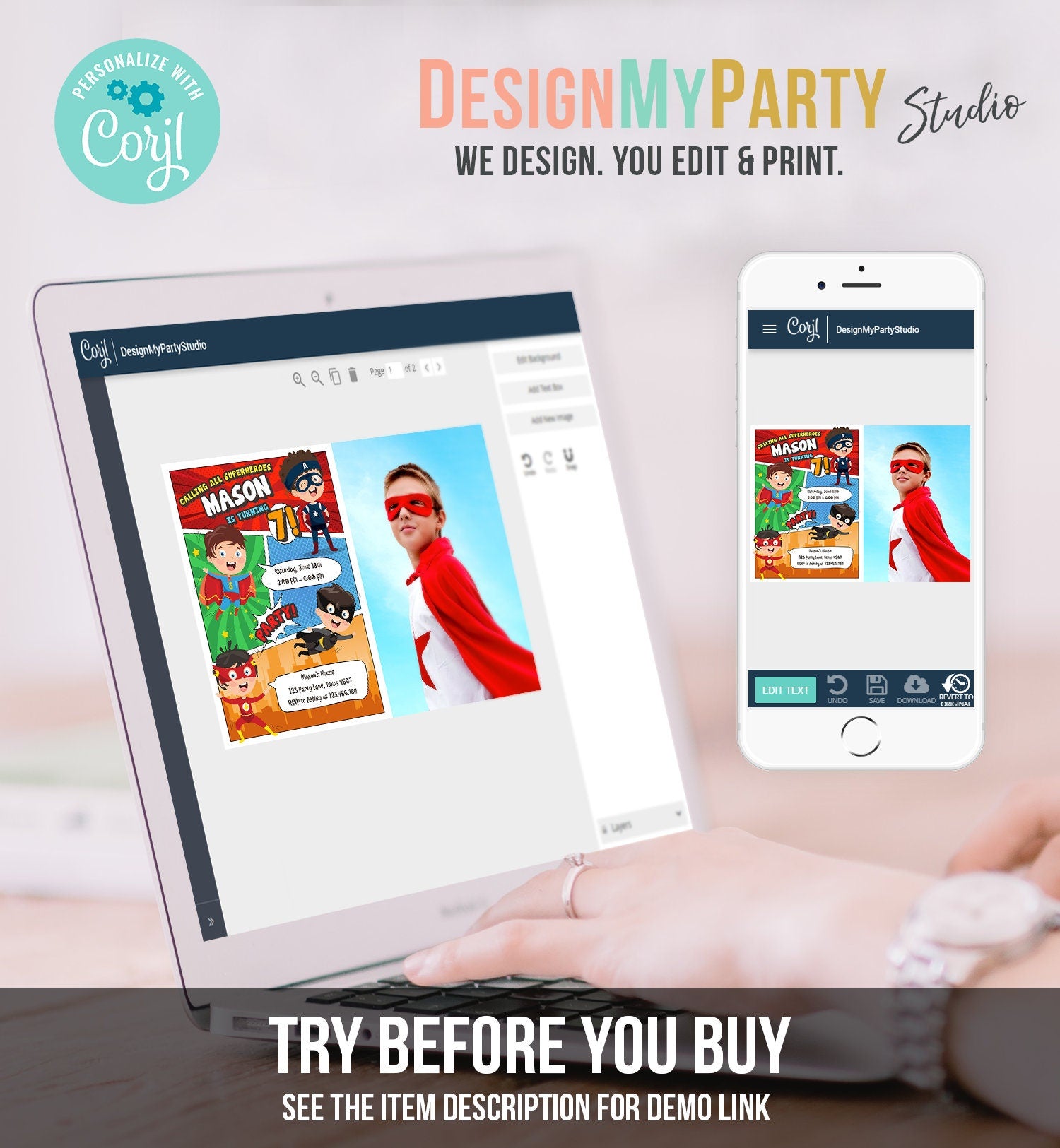 Editable Superheroes Birthday Invitation Comic Book Action Superhero Super Boy Party DC Digital Download Corjl Template Printable 0383