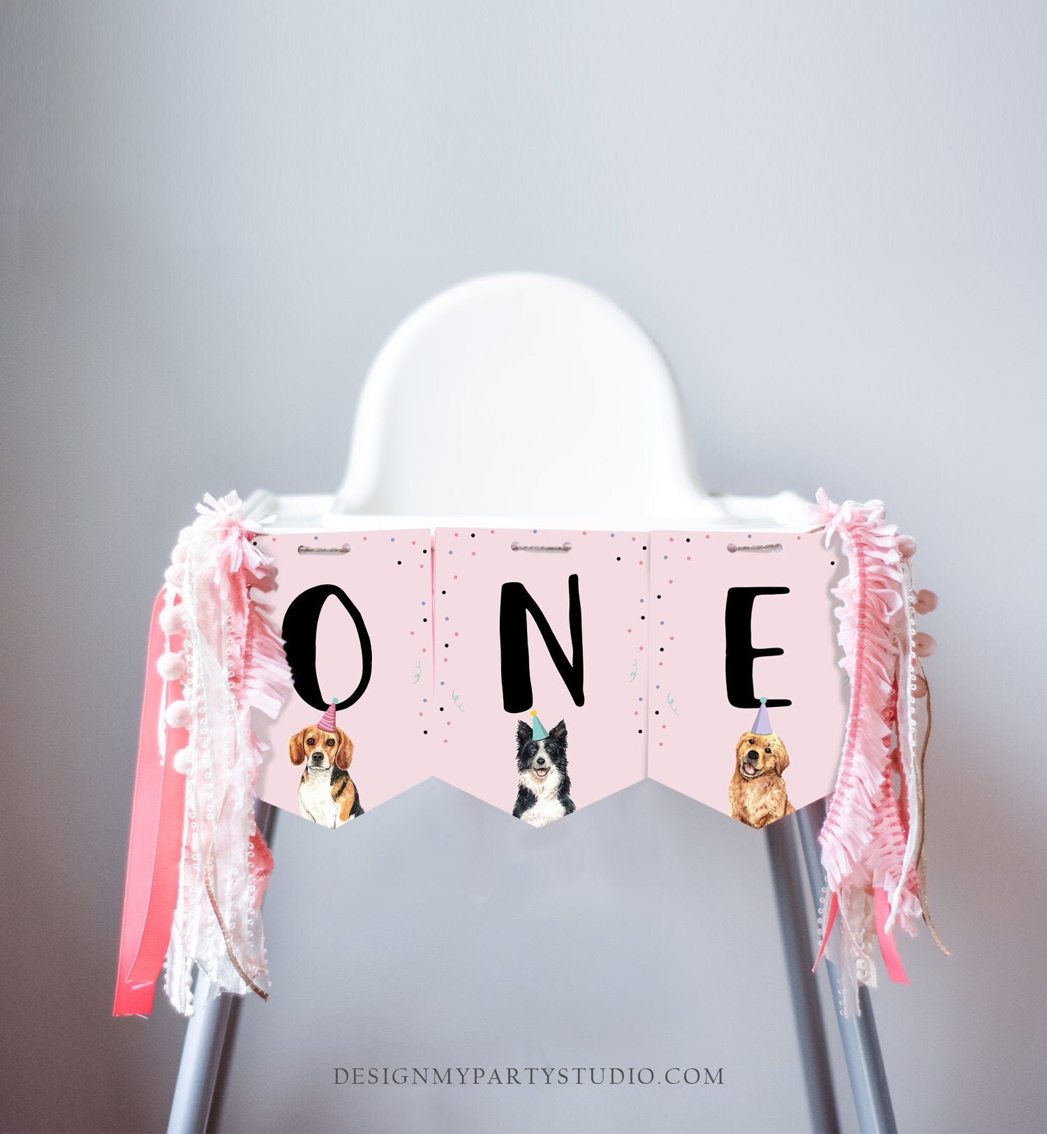 Puppy 1st Birthday High Chair Banner Dog Birthday Party Puppy Birthday Girl Pink ONE Banner Puppy Party Decor Dog PRINTABLE Digital 0384