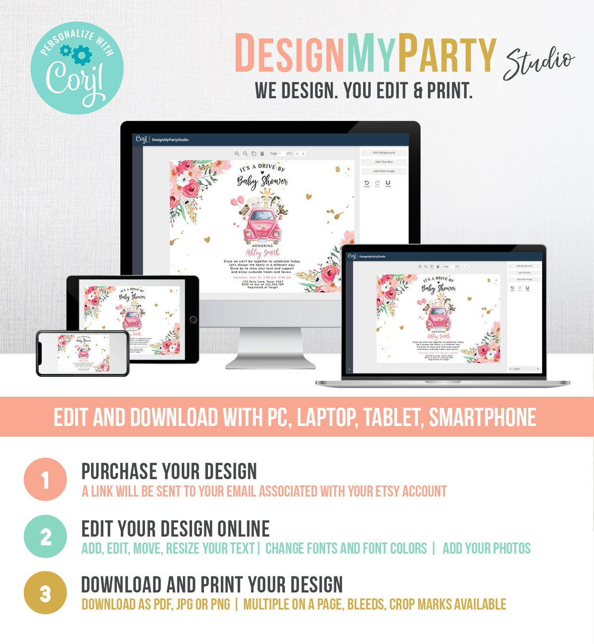 Editable Safari Drive By Baby Shower Invitation Pink Girl Baby Shower Invite Quarantine Drive Through Floral Template Download Corjl 0386