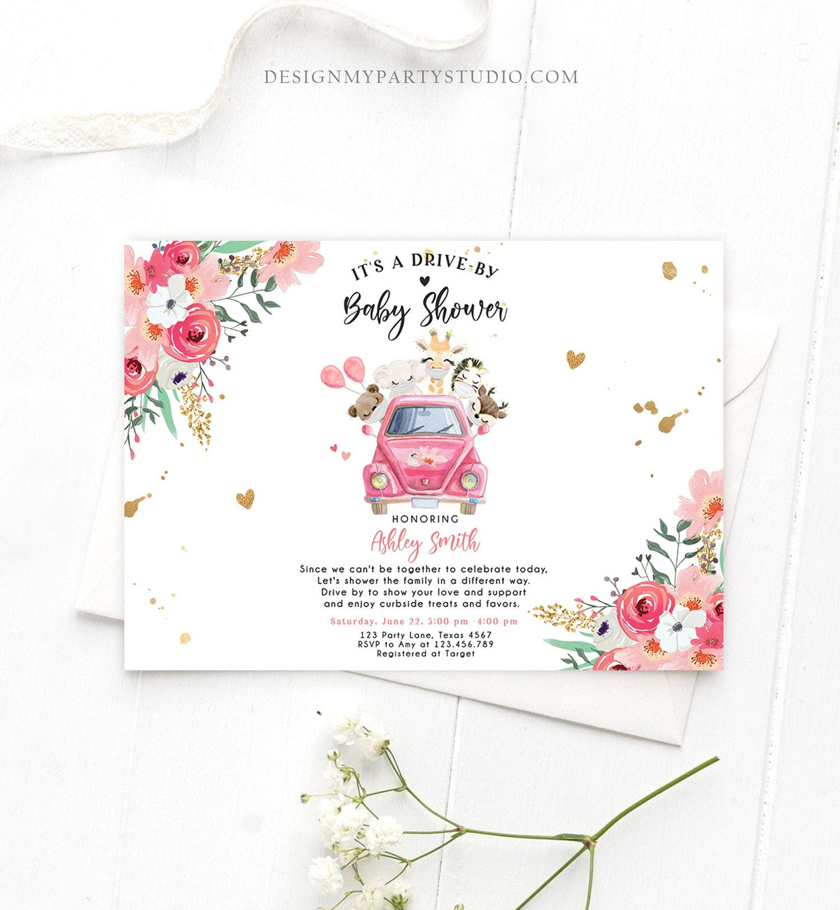 Editable Safari Drive By Baby Shower Invitation Pink Girl Baby Shower Invite Quarantine Drive Through Floral Template Download Corjl 0386