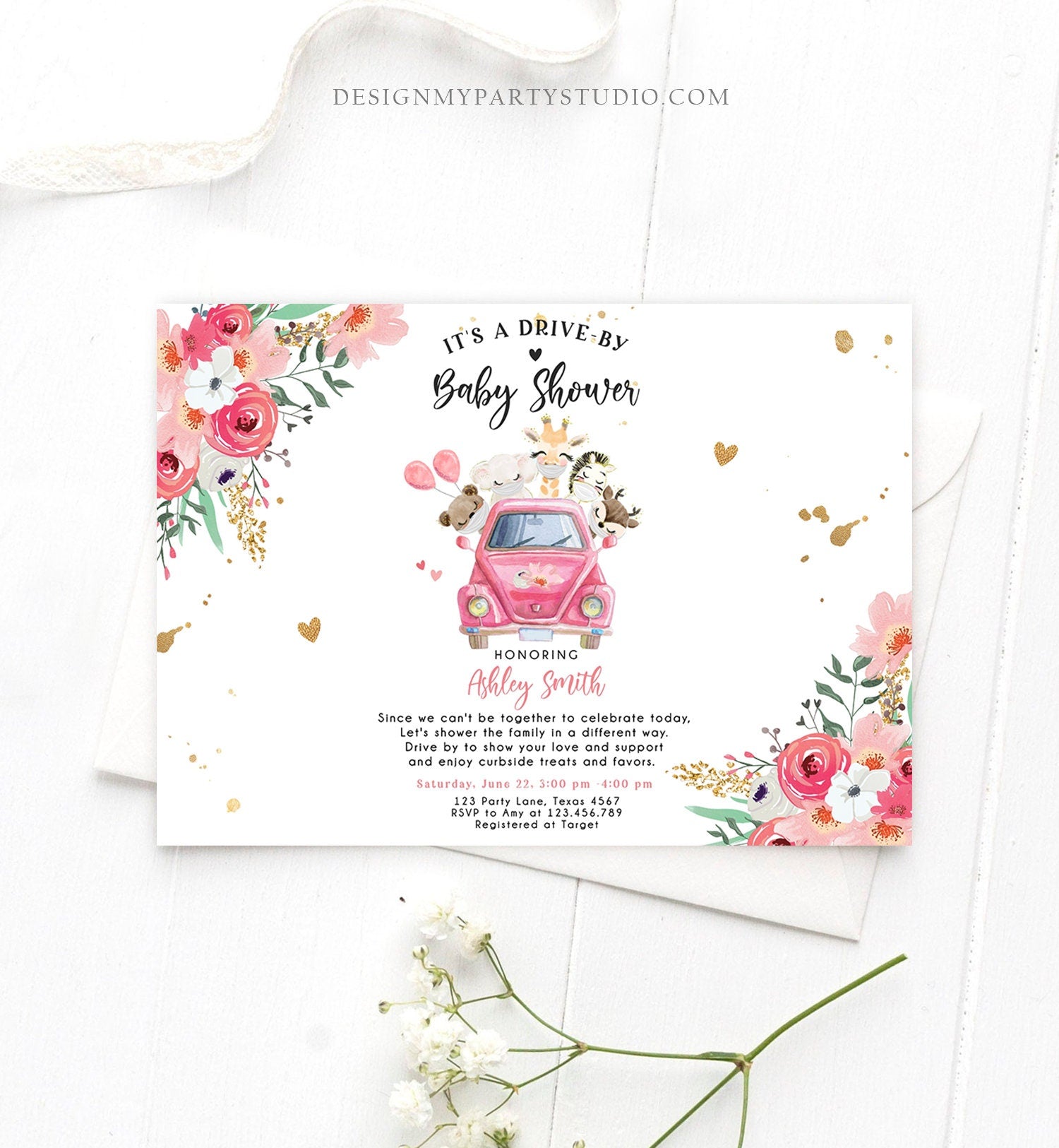 Editable Safari Drive By Baby Shower Invitation Pink Girl Baby Shower Invite Quarantine Drive Through Floral Template Download Corjl 0386