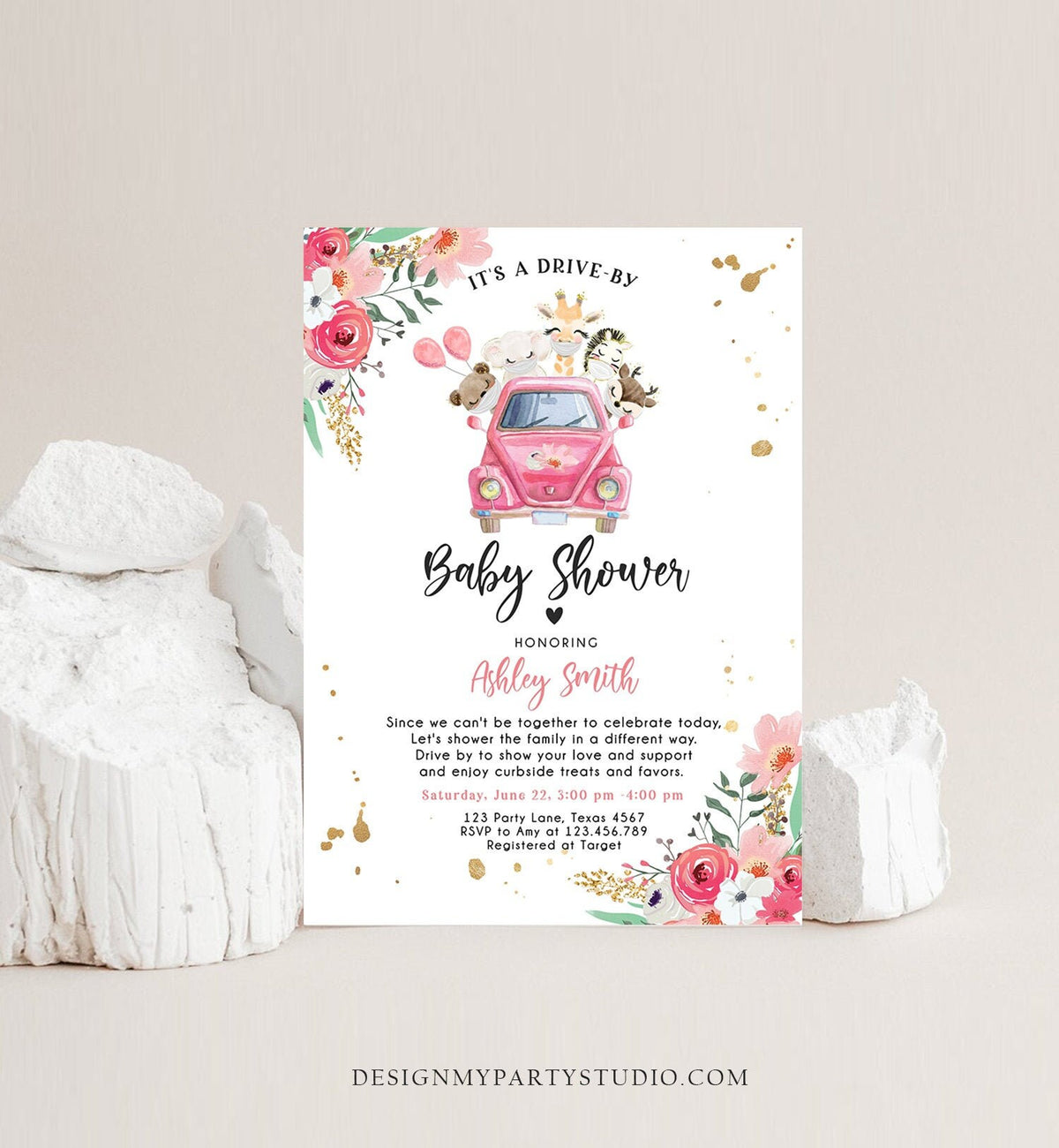 Editable Safari Drive By Baby Shower Invitation Pink Girl Baby Shower Invite Quarantine Drive Through Floral Template Download Corjl 0386