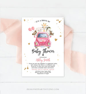 Editable Safari Drive By Baby Shower Invitation Pink Girl Baby Shower Invite Quarantine Drive Through Floral Template Download Corjl 0386