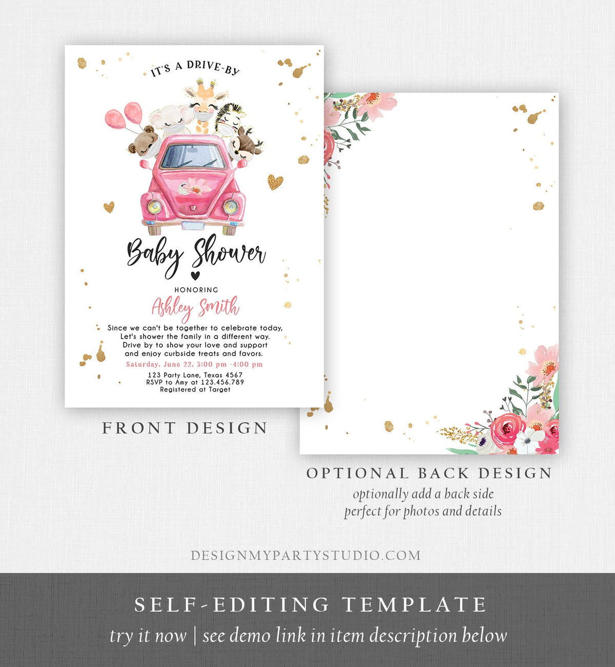 Editable Safari Drive By Baby Shower Invitation Pink Girl Baby Shower Invite Quarantine Drive Through Floral Template Download Corjl 0386