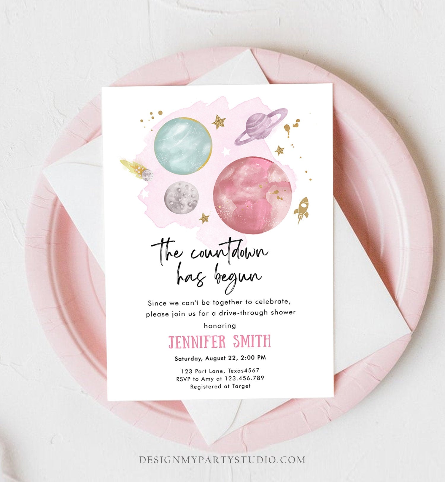 Editable Space Drive By Baby Shower Invitation Galaxy Outer Space It's a Girl Pink Planets Moon Countdown Drive Through Corjl Template 0357