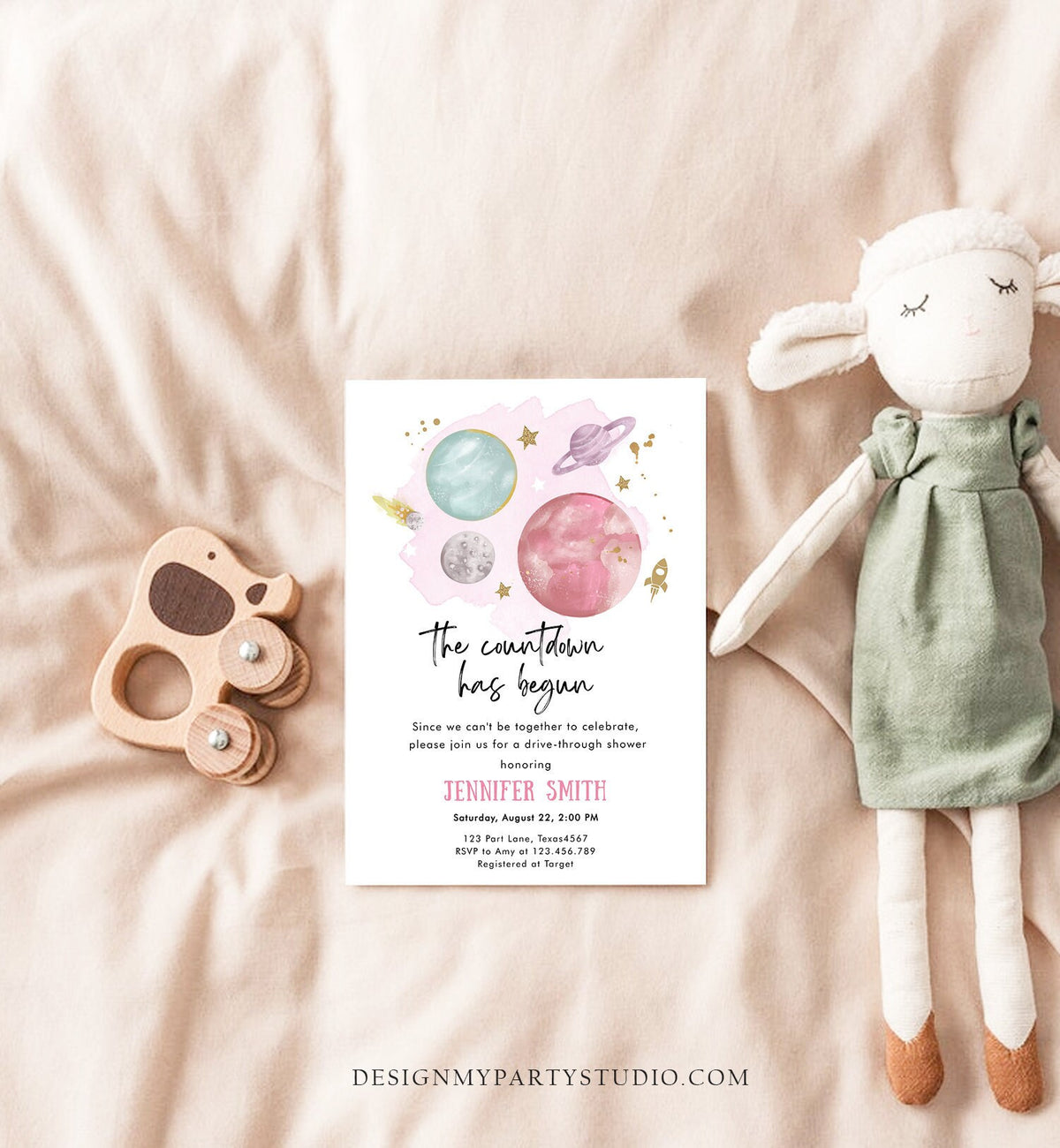 Editable Space Drive By Baby Shower Invitation Galaxy Outer Space It&#39;s a Girl Pink Planets Moon Countdown Drive Through Corjl Template 0357