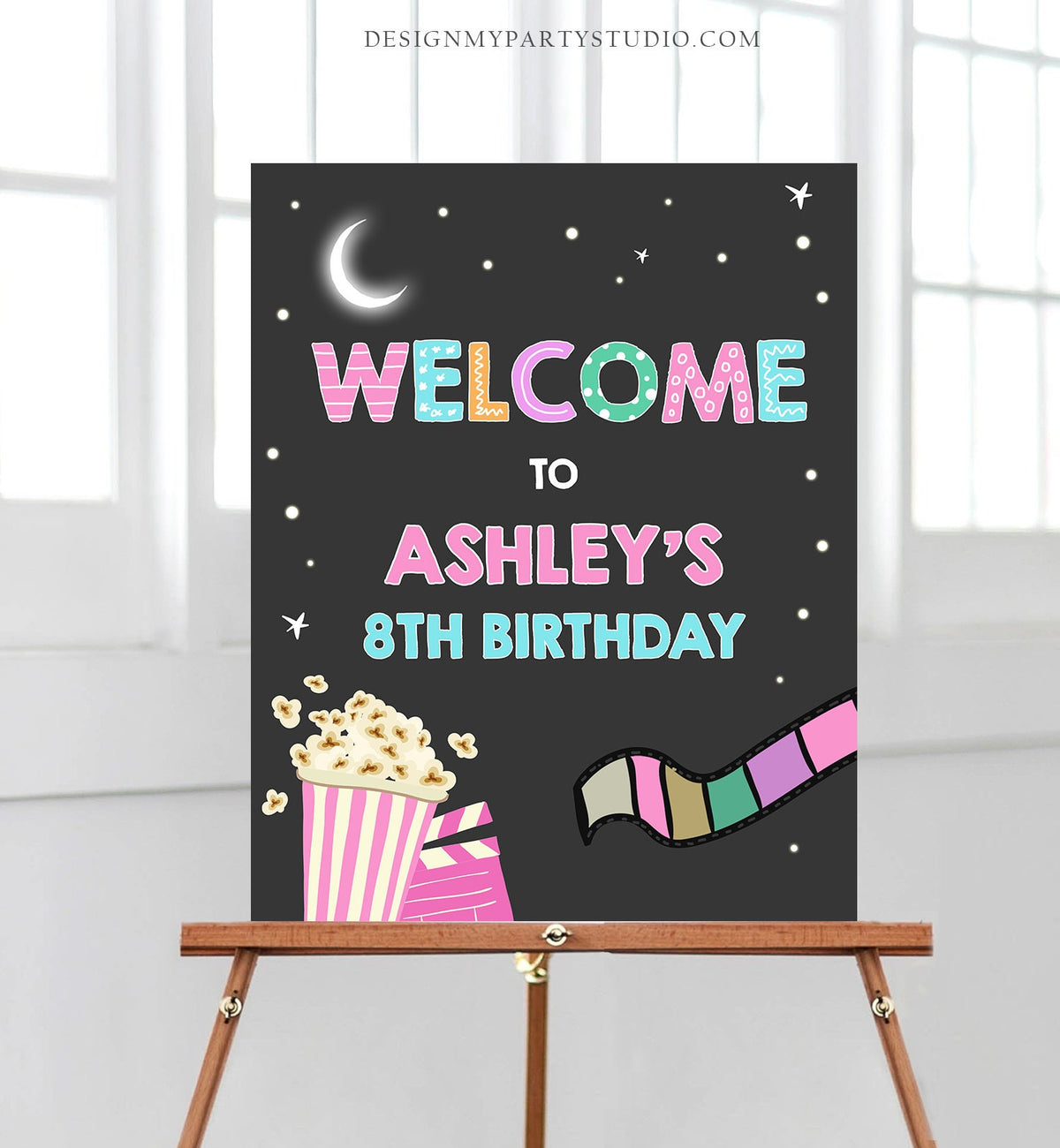 Editable Movie Night Welcome Sign Girl Birthday Backyard Movie Under The Stars Welcome Popcorn Movie Party Template Corjl Printable 0042