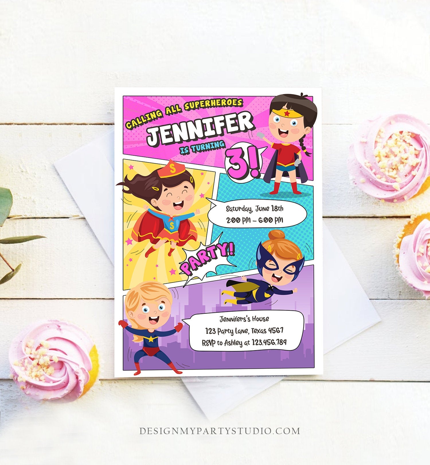 Editable Superheroes Birthday Invitation Comic Book Action Superhero Super Girl Party DC Digital Download Corjl Template Printable 0383